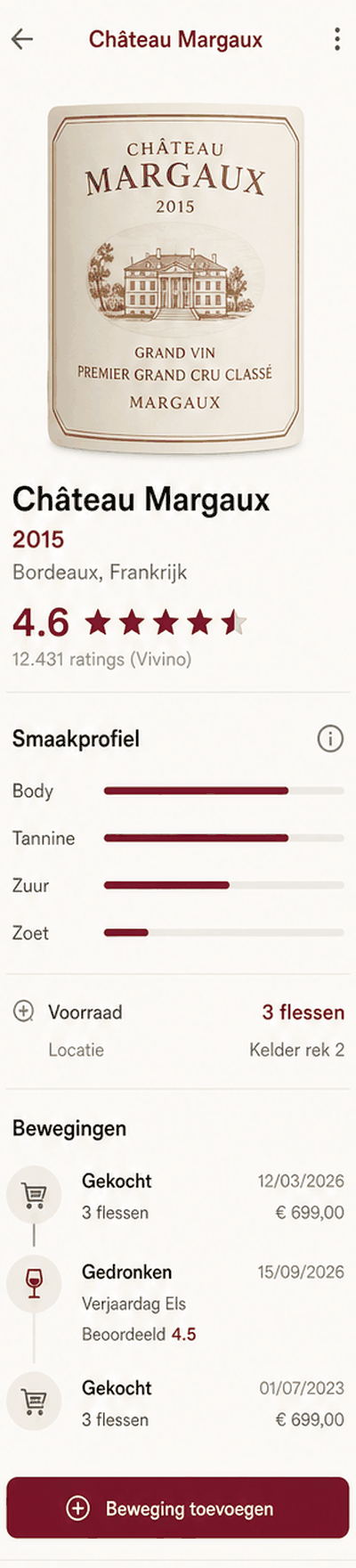 Detailscherm van een wijn in MB Wine, met smaakprofiel en bewegingen
